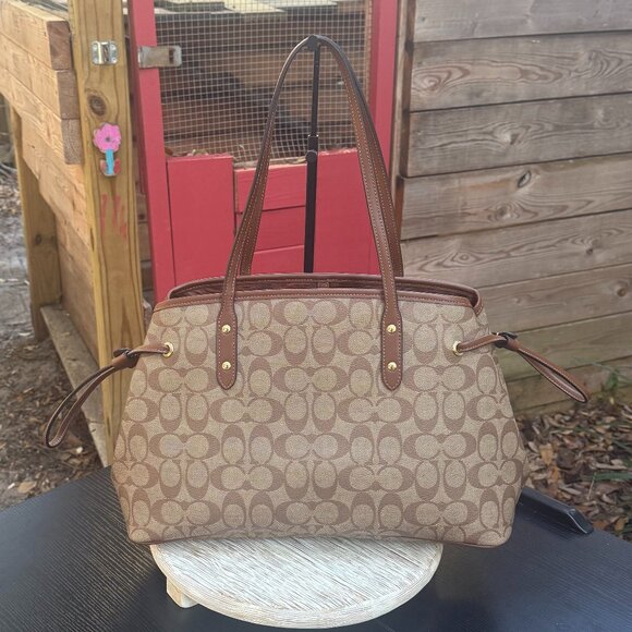 COACH Signature Coated Canvas Leather Drawstring Carryall Women's Tote New - Picture 6 of 15